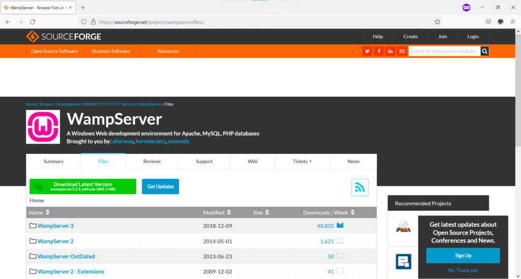 Los paquetes de instalación de WampServer se pueden descargar desde SourceForge.