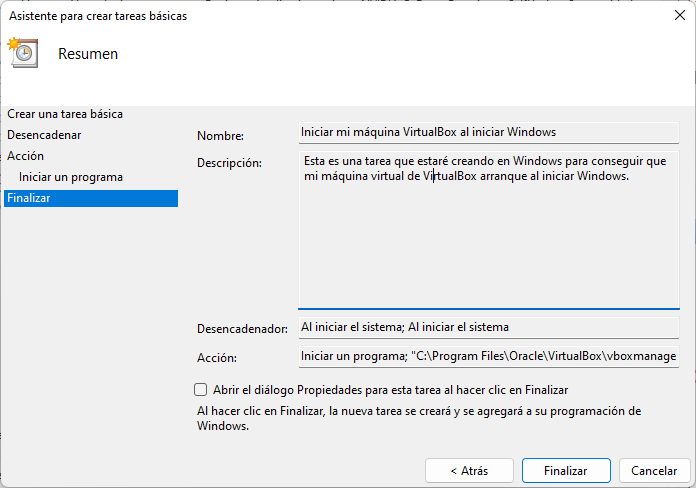 Finalizar la configuración de una acción en el programador de tareas de Windows