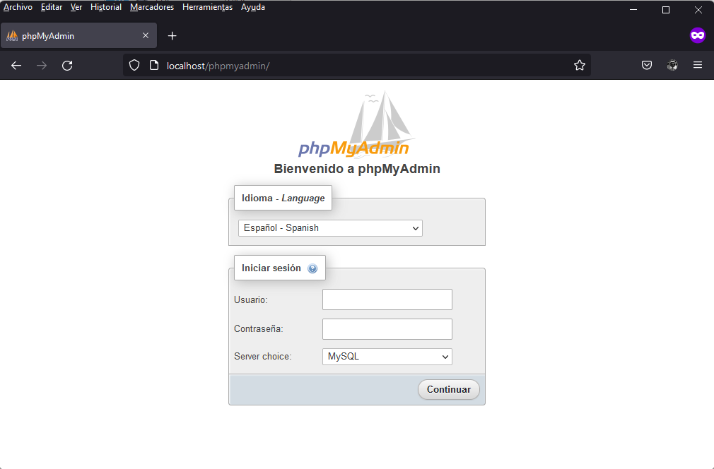 Ventana de login de phpMyAdmin en WampServer