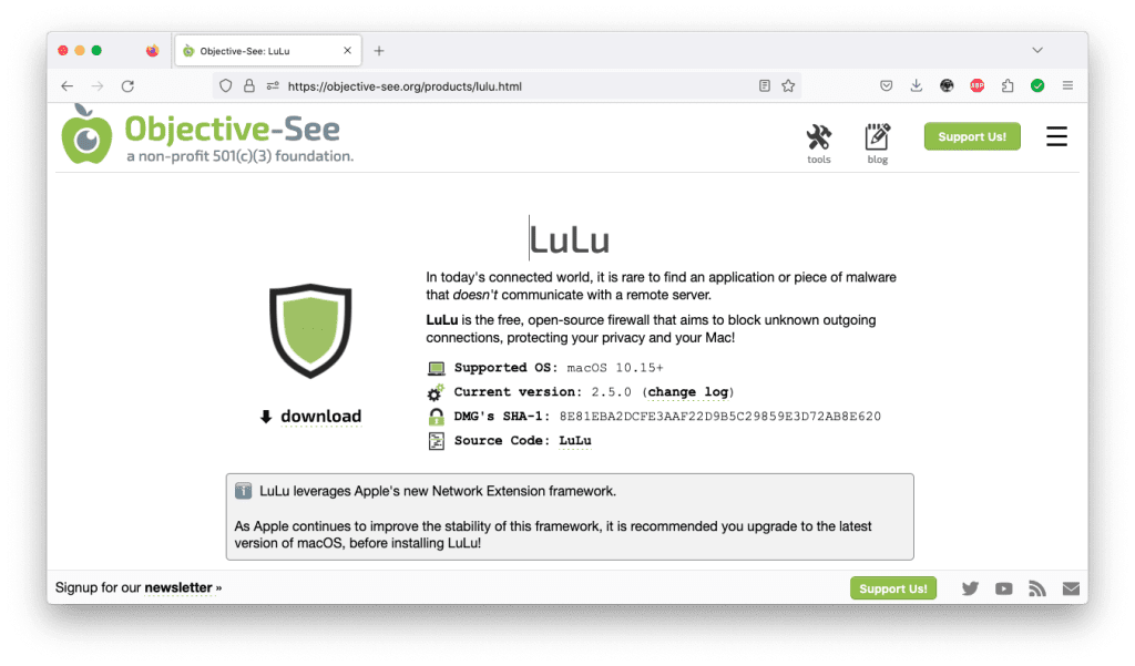 Sitio web de descarga de LuLu, el mejor Firewall para Mac